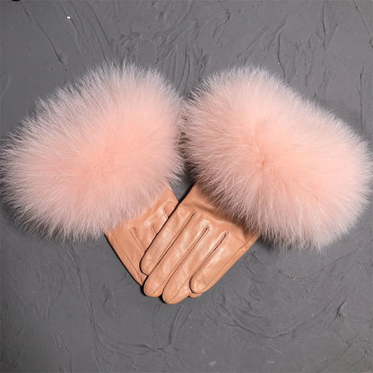 Jxwatcher Wholesale Fox Fur Gloves Winter Female Luxury Style Warm Sheepskin Genuine Leather Gloves Driving Thickening Mitten