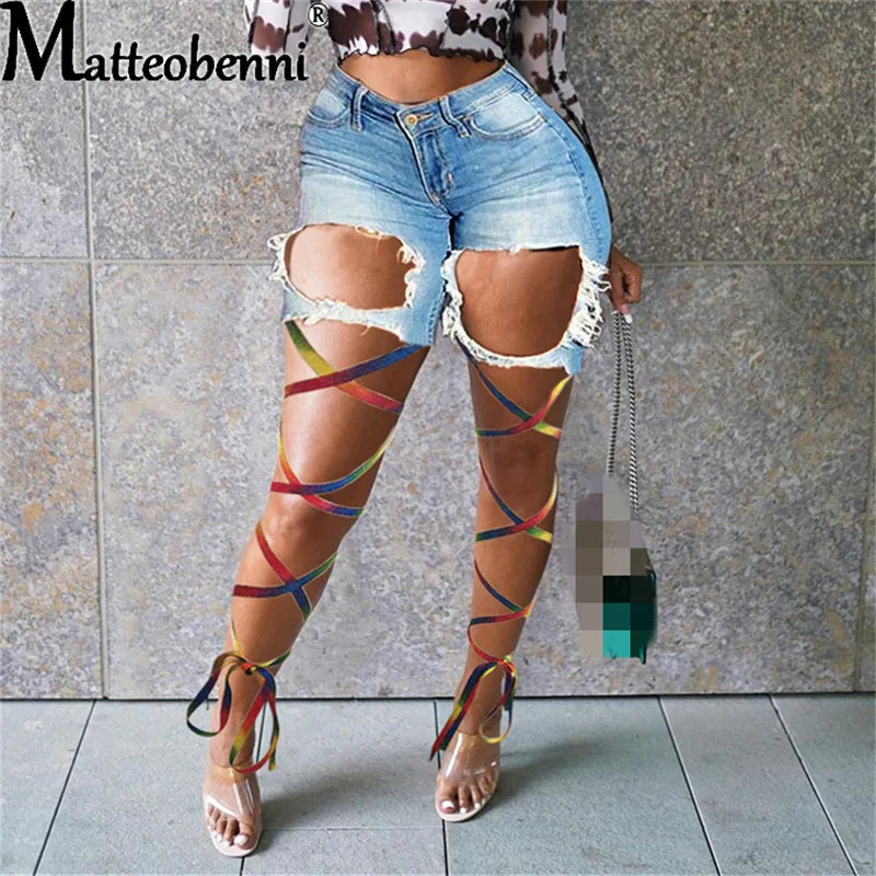 Sexy Ripped Hole Fringe Denim Shorts Women Color Rope Tie Legs Casual Pocket Jeans Shorts 2021 Summer Lace Up Shorts