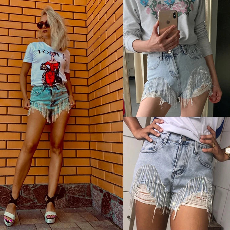 ANSZKTN Summer Women Jean Ripped Shorts Rhinestone Heavy Tassels Nail Diamond Beads High Waist Light Blue Denim Shorts