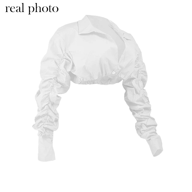 Simenual Button Ruched White Puff Sleeve Blouse Shirts Women Long Sleeved Fashion Fall 2021 Clothing Crop Blouses Solid Baddie