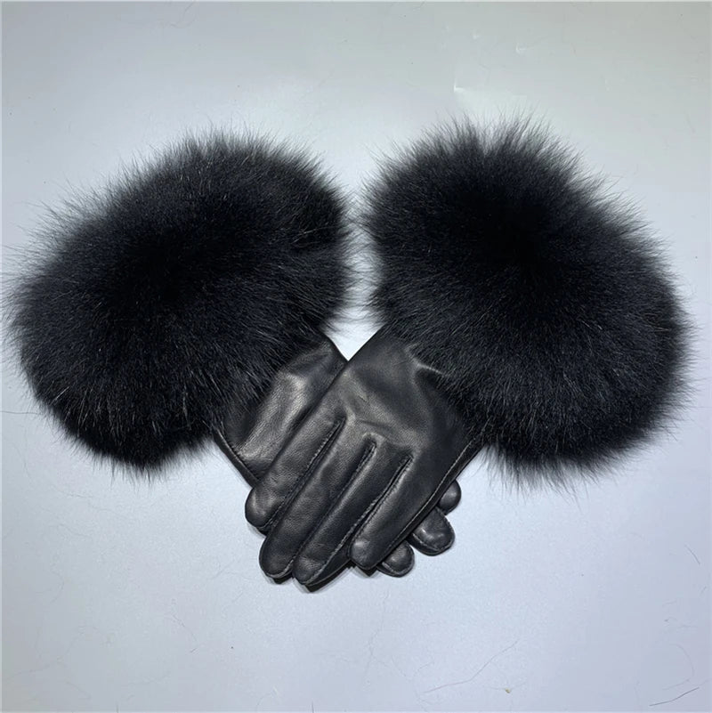 Jxwatcher Wholesale Fox Fur Gloves Winter Female Luxury Style Warm Sheepskin Genuine Leather Gloves Driving Thickening Mitten