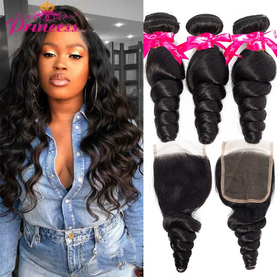 Beautiful Princess Loose Wave Bundles With Closure Brazilian Bundles With Closure Remy Human Hair 3 Bundles With Lace Closure