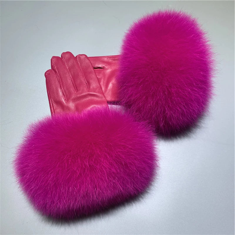 Jxwatcher Wholesale Fox Fur Gloves Winter Female Luxury Style Warm Sheepskin Genuine Leather Gloves Driving Thickening Mitten