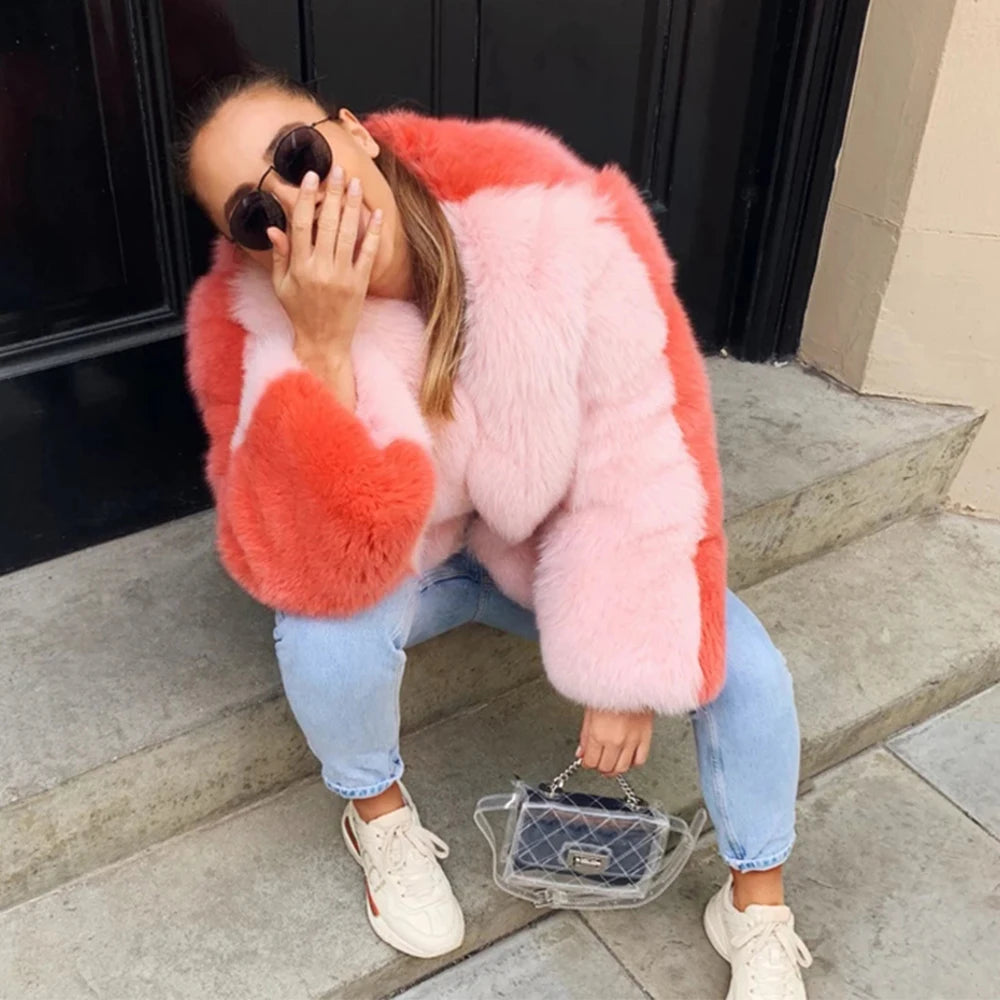 2021 Winter Women Sweet Pink Patchwork Fur Coat Luxury Design Trendy Faux Fur Jacket Female Warm Outerwear Exclusive Customized