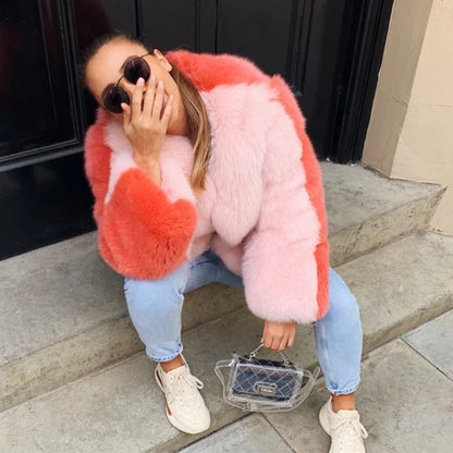 2021 Winter Women Sweet Pink Patchwork Fur Coat Luxury Design Trendy Faux Fur Jacket Female Warm Outerwear Exclusive Customized