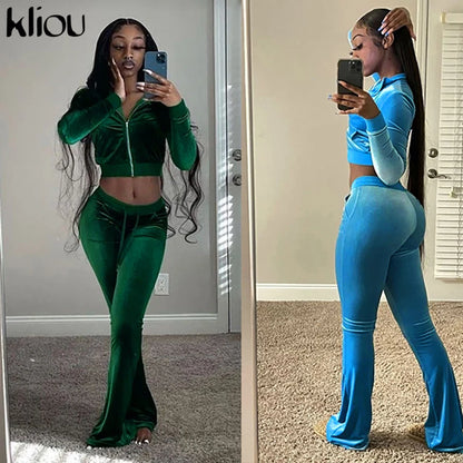 Kliou Solid Velour Two Piece Set Women Simple Casual Zipper Long Sleeve Turtleneck Top+Bandage Lace Slim Female Wide Leg Pants