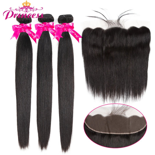 Beautiful Princess Hair 13x4 Lace Frontal Closure With Bundles Remy Human Hair Brazilian Straight Hair 3 Bundles With Closure