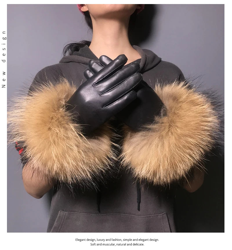 Jxwatcher Wholesale Fox Fur Gloves Winter Female Luxury Style Warm Sheepskin Genuine Leather Gloves Driving Thickening Mitten