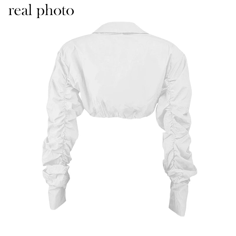 Simenual Button Ruched White Puff Sleeve Blouse Shirts Women Long Sleeved Fashion Fall 2021 Clothing Crop Blouses Solid Baddie