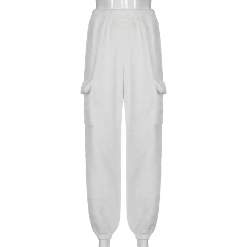 Fashion Sweat Suits 2 Piece Sets Women Outfits Casual Sportwear Sweatshirt+Sweatpants White Plush Warm Lapel Zipper Cardigan