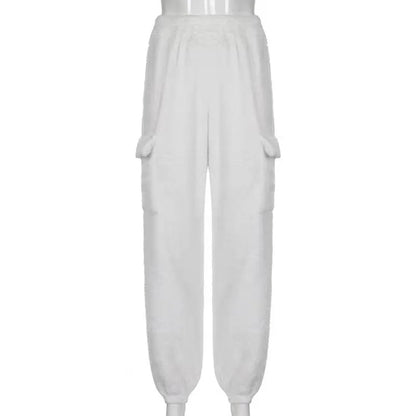 Fashion Sweat Suits 2 Piece Sets Women Outfits Casual Sportwear Sweatshirt+Sweatpants White Plush Warm Lapel Zipper Cardigan