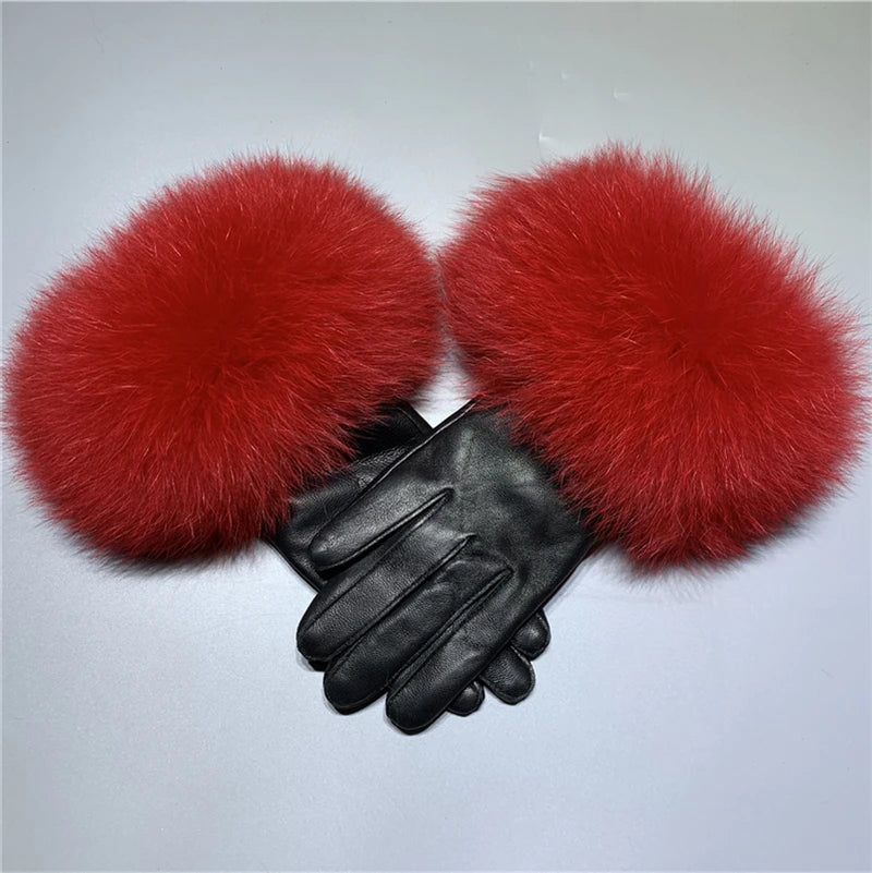Jxwatcher Wholesale Fox Fur Gloves Winter Female Luxury Style Warm Sheepskin Genuine Leather Gloves Driving Thickening Mitten