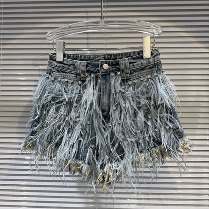 Boutique Wholesale 2025 Summer New Fashionable High Waisted Rhinestone Nail Bead Tassel Denim Women's Shorts