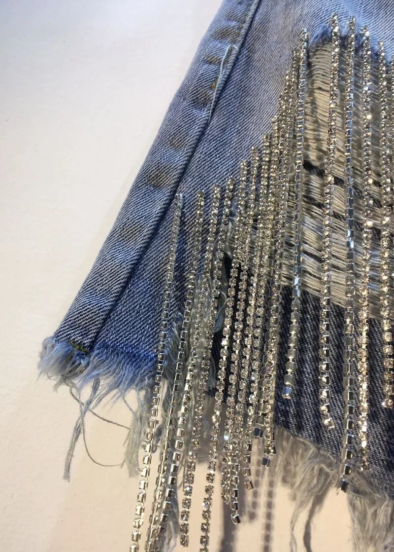 ANSZKTN Summer Women Jean Ripped Shorts Rhinestone Heavy Tassels Nail Diamond Beads High Waist Light Blue Denim Shorts
