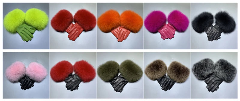 Jxwatcher Wholesale Fox Fur Gloves Winter Female Luxury Style Warm Sheepskin Genuine Leather Gloves Driving Thickening Mitten