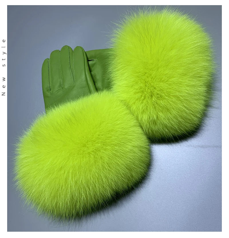 Jxwatcher Wholesale Fox Fur Gloves Winter Female Luxury Style Warm Sheepskin Genuine Leather Gloves Driving Thickening Mitten