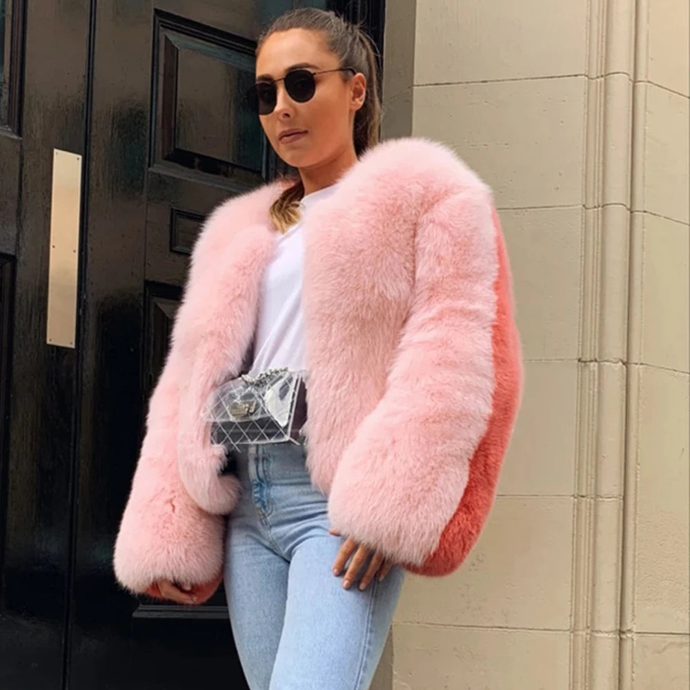 2021 Winter Women Sweet Pink Patchwork Fur Coat Luxury Design Trendy Faux Fur Jacket Female Warm Outerwear Exclusive Customized