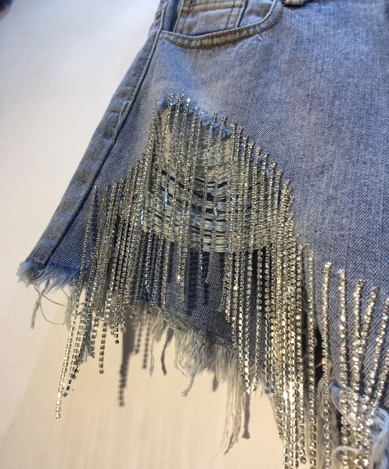 ANSZKTN Summer Women Jean Ripped Shorts Rhinestone Heavy Tassels Nail Diamond Beads High Waist Light Blue Denim Shorts