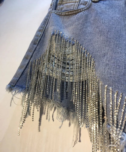 ANSZKTN Summer Women Jean Ripped Shorts Rhinestone Heavy Tassels Nail Diamond Beads High Waist Light Blue Denim Shorts
