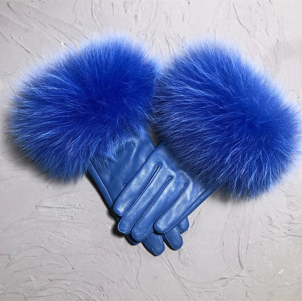 Jxwatcher Wholesale Fox Fur Gloves Winter Female Luxury Style Warm Sheepskin Genuine Leather Gloves Driving Thickening Mitten