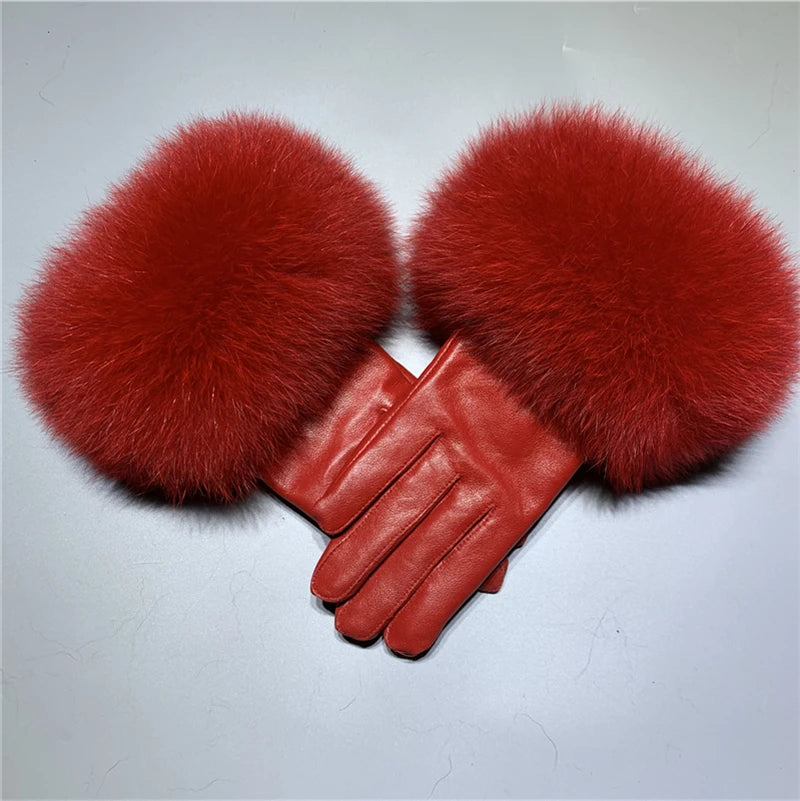 Jxwatcher Wholesale Fox Fur Gloves Winter Female Luxury Style Warm Sheepskin Genuine Leather Gloves Driving Thickening Mitten