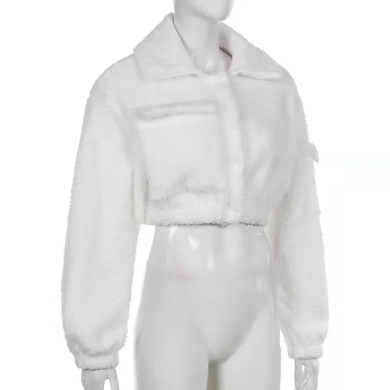 Fashion Sweat Suits 2 Piece Sets Women Outfits Casual Sportwear Sweatshirt+Sweatpants White Plush Warm Lapel Zipper Cardigan