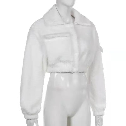Fashion Sweat Suits 2 Piece Sets Women Outfits Casual Sportwear Sweatshirt+Sweatpants White Plush Warm Lapel Zipper Cardigan