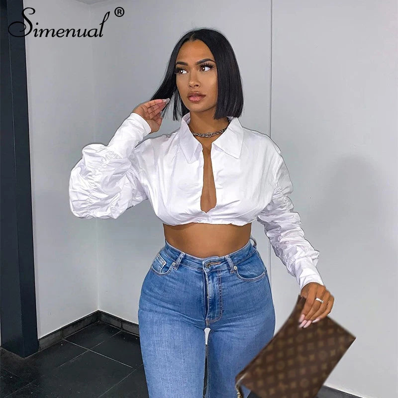 Simenual Button Ruched White Puff Sleeve Blouse Shirts Women Long Sleeved Fashion Fall 2021 Clothing Crop Blouses Solid Baddie