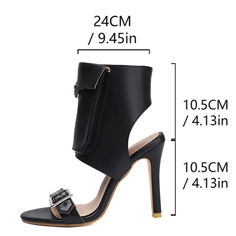 Summer Single Band Ankle Boots Women Belt Metal Buckle Short Boots Front Pocket High Heels Shoes Back Cut Out Booty Big Size 48