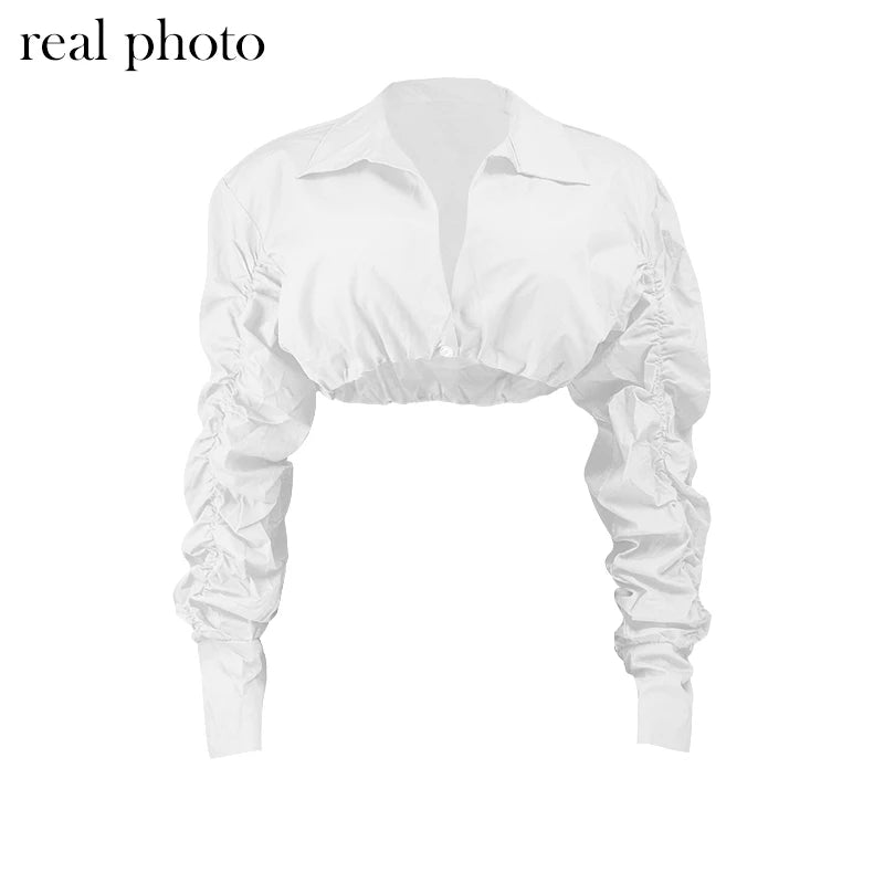 Simenual Button Ruched White Puff Sleeve Blouse Shirts Women Long Sleeved Fashion Fall 2021 Clothing Crop Blouses Solid Baddie
