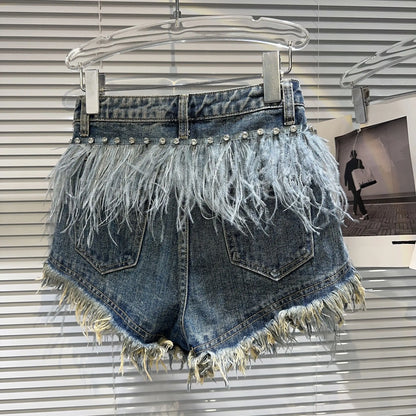 Boutique Wholesale 2025 Summer New Fashionable High Waisted Rhinestone Nail Bead Tassel Denim Women's Shorts