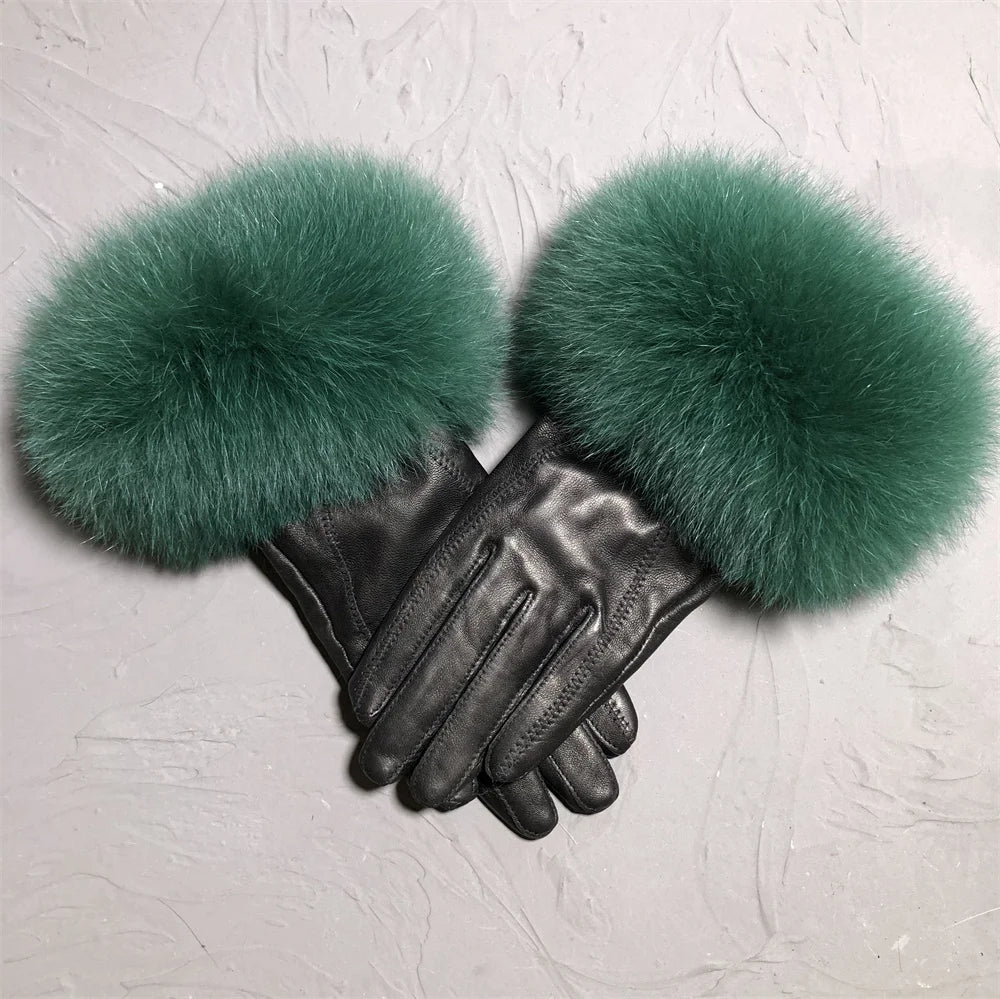 Jxwatcher Wholesale Fox Fur Gloves Winter Female Luxury Style Warm Sheepskin Genuine Leather Gloves Driving Thickening Mitten