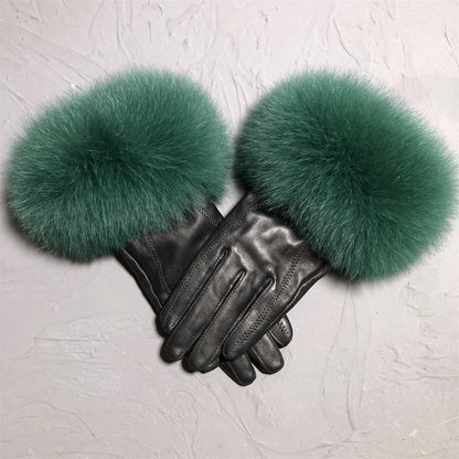 Jxwatcher Wholesale Fox Fur Gloves Winter Female Luxury Style Warm Sheepskin Genuine Leather Gloves Driving Thickening Mitten