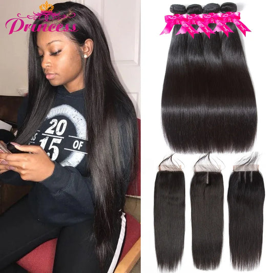 Beautiful Princess Peruvian Straight Hair 4 Bundles With Closure Double Weft Human Hair Bundles With Closure Non Remy