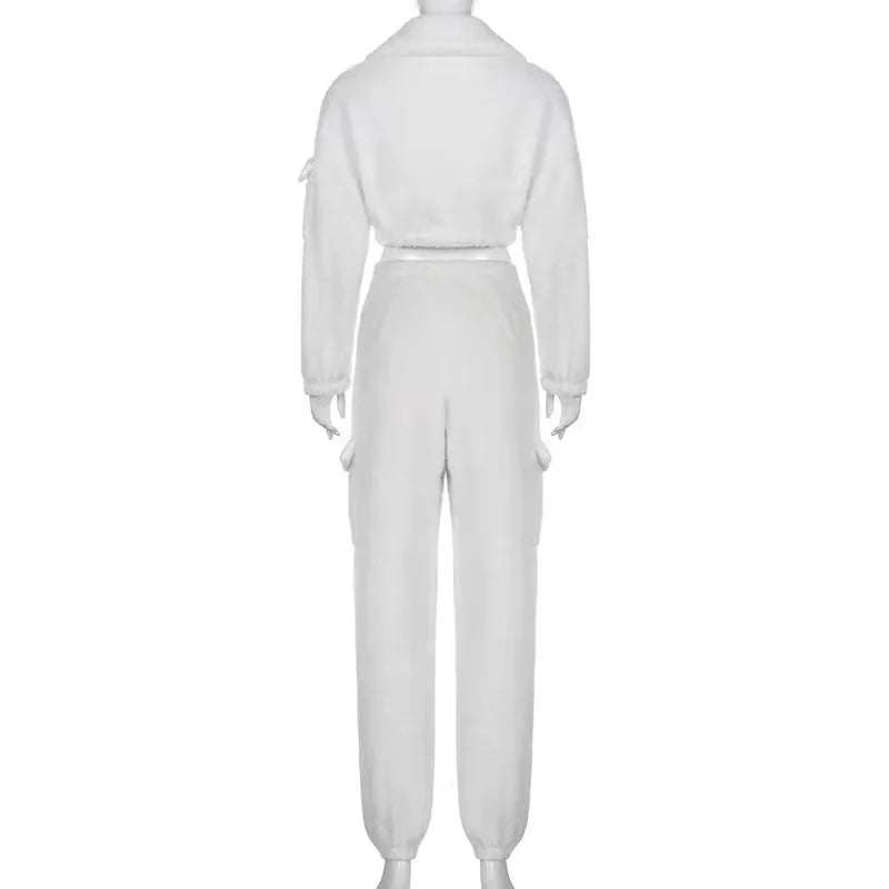 Fashion Sweat Suits 2 Piece Sets Women Outfits Casual Sportwear Sweatshirt+Sweatpants White Plush Warm Lapel Zipper Cardigan