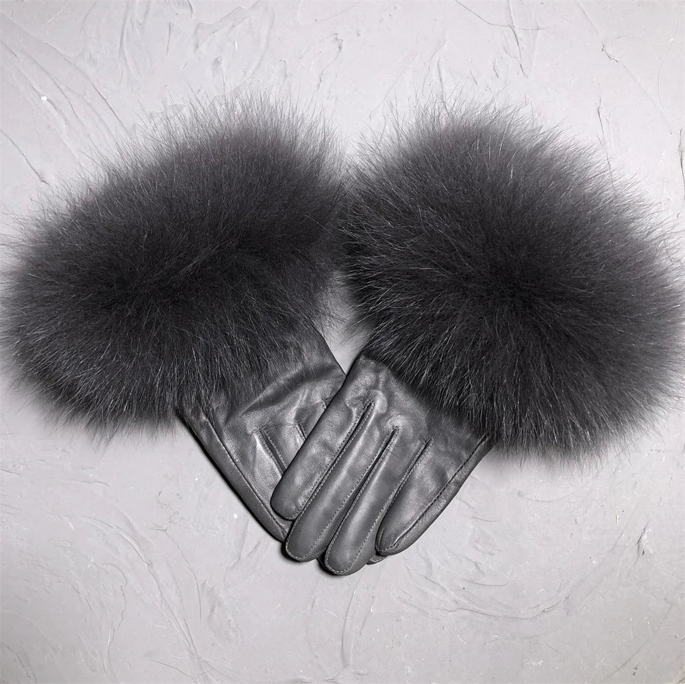 Jxwatcher Wholesale Fox Fur Gloves Winter Female Luxury Style Warm Sheepskin Genuine Leather Gloves Driving Thickening Mitten
