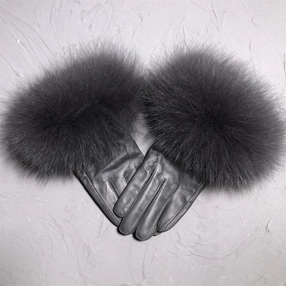 Jxwatcher Wholesale Fox Fur Gloves Winter Female Luxury Style Warm Sheepskin Genuine Leather Gloves Driving Thickening Mitten
