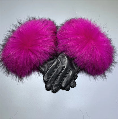 Jxwatcher Wholesale Fox Fur Gloves Winter Female Luxury Style Warm Sheepskin Genuine Leather Gloves Driving Thickening Mitten