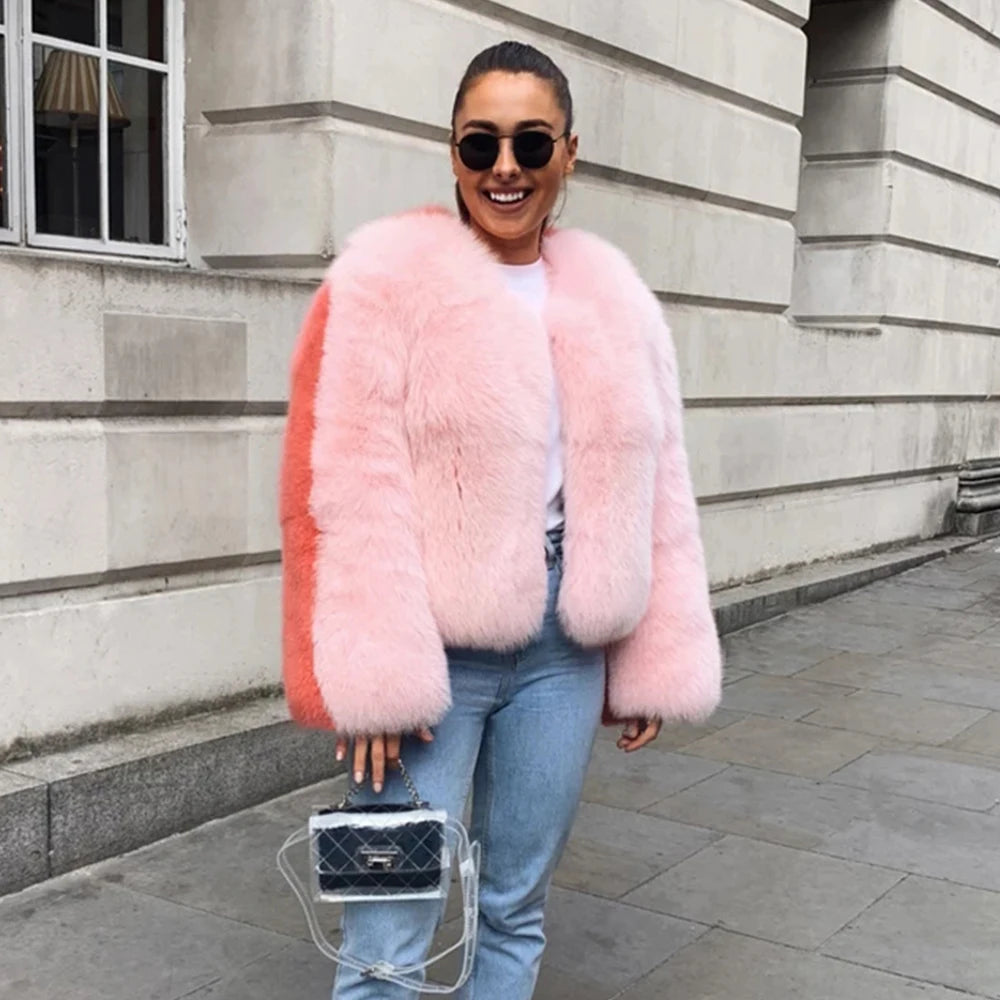 2021 Winter Women Sweet Pink Patchwork Fur Coat Luxury Design Trendy Faux Fur Jacket Female Warm Outerwear Exclusive Customized