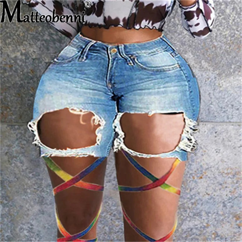 Sexy Ripped Hole Fringe Denim Shorts Women Color Rope Tie Legs Casual Pocket Jeans Shorts 2021 Summer Lace Up Shorts