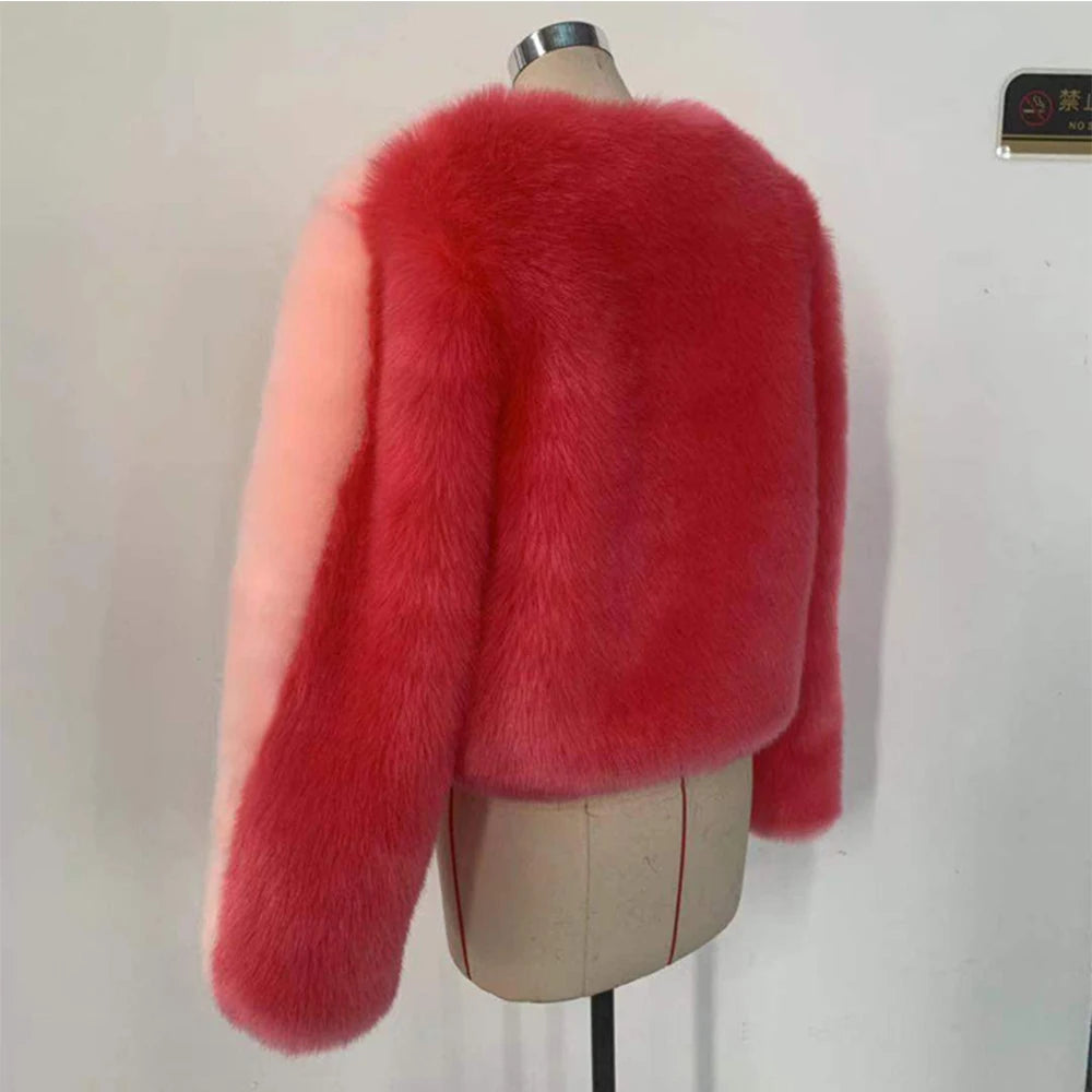 2021 Winter Women Sweet Pink Patchwork Fur Coat Luxury Design Trendy Faux Fur Jacket Female Warm Outerwear Exclusive Customized