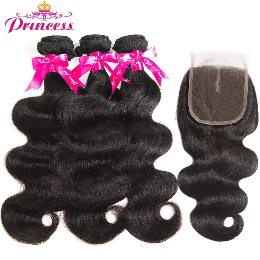 Princess Body Wave Human Hair Bundles With Closure 4x4 Lace Closure Remy Brazilian Hair Weave 3 Bundles With Closure
