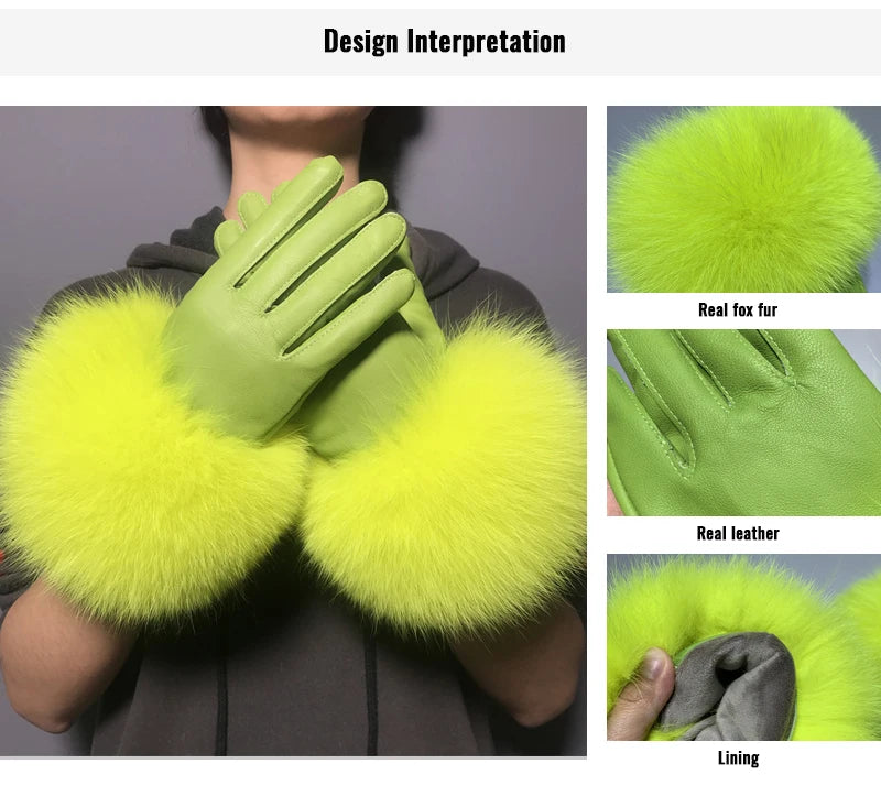Jxwatcher Wholesale Fox Fur Gloves Winter Female Luxury Style Warm Sheepskin Genuine Leather Gloves Driving Thickening Mitten
