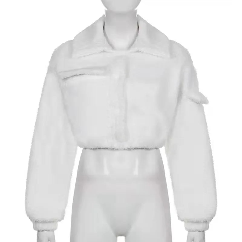 Fashion Sweat Suits 2 Piece Sets Women Outfits Casual Sportwear Sweatshirt+Sweatpants White Plush Warm Lapel Zipper Cardigan