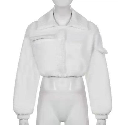 Fashion Sweat Suits 2 Piece Sets Women Outfits Casual Sportwear Sweatshirt+Sweatpants White Plush Warm Lapel Zipper Cardigan