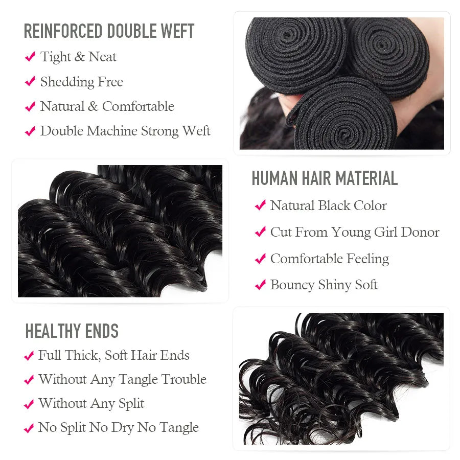 Beautiful Princess Hair Deep Wave Bundles With Closure Double Weft Human Hair Brazilian Hair Weave 3 Bundles With Closure Remy