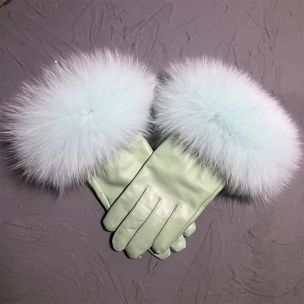 Jxwatcher Wholesale Fox Fur Gloves Winter Female Luxury Style Warm Sheepskin Genuine Leather Gloves Driving Thickening Mitten