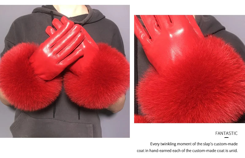 Jxwatcher Wholesale Fox Fur Gloves Winter Female Luxury Style Warm Sheepskin Genuine Leather Gloves Driving Thickening Mitten