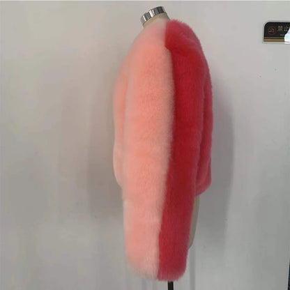 2021 Winter Women Sweet Pink Patchwork Fur Coat Luxury Design Trendy Faux Fur Jacket Female Warm Outerwear Exclusive Customized