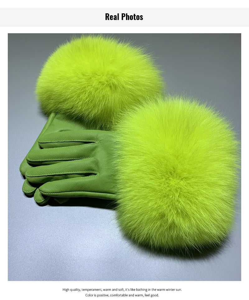 Jxwatcher Wholesale Fox Fur Gloves Winter Female Luxury Style Warm Sheepskin Genuine Leather Gloves Driving Thickening Mitten